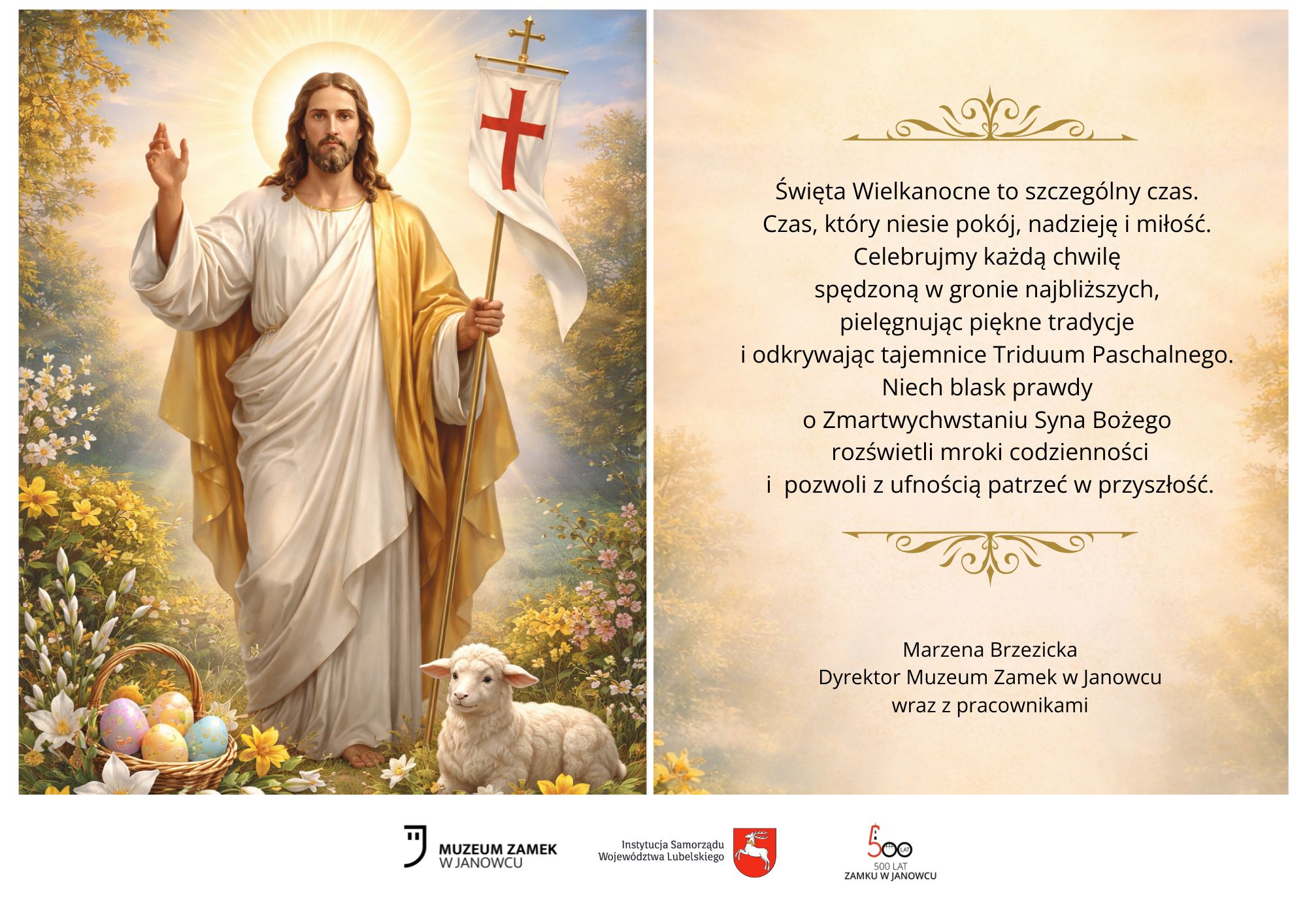 Jezus Zmartwychwstały z chorągwią, obok baranek i wielkanocny koszyk, z życzeniami świątecznymi po prawej stronie.