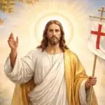 Jezus Chrystus z aureolą, błogosławiący, trzymający białą chorągiew z czerwonym krzyżem.