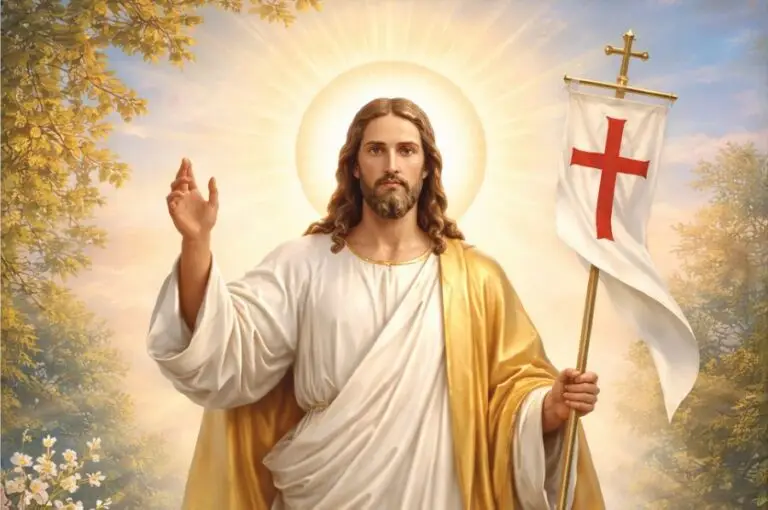 Jezus Chrystus z aureolą, błogosławiący, trzymający białą chorągiew z czerwonym krzyżem.